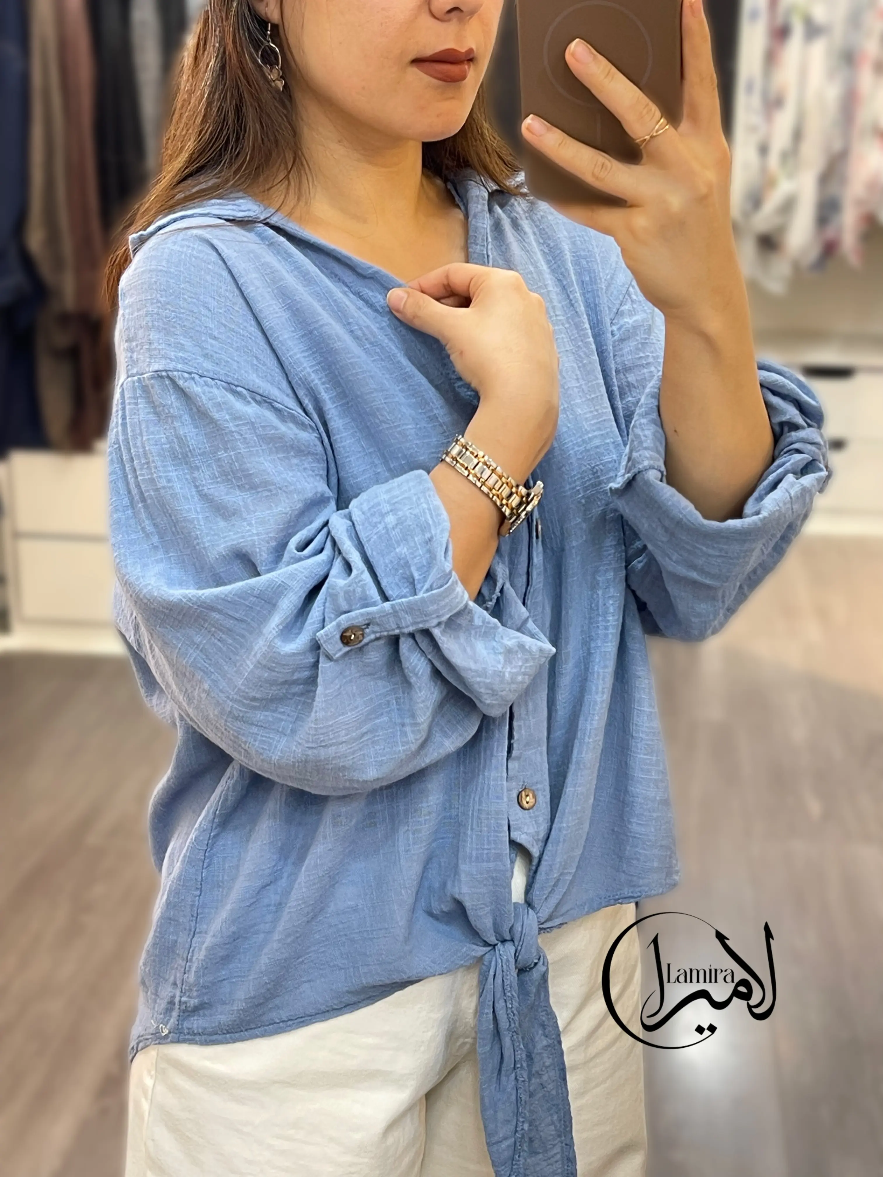 شومیز لینن ایتالیایی گره ای ساده تک رنگ